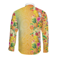 Hawaiian Tropical Fruits and Plants Long Sleeve Button Shirt Kakau Pattern Summer Vibe