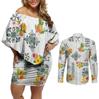 Hawaiian Quilts Couples Matching Off Shoulder Short Dress and Long Sleeve Button Shirt Tropical Fruits and Plants
