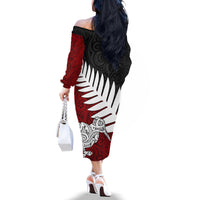 Aotearoa New Zealand Off The Shoulder Long Sleeve Dress Silver Fern Kiwi Bird and NZ Map with Maori Tribal Red Style LT03 - Polynesian Pride
