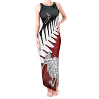Aotearoa New Zealand Tank Maxi Dress Silver Fern Kiwi Bird and NZ Map with Maori Tribal Red Style LT03 Women Pink - Polynesian Pride
