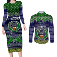 Personalised Pohnpei State Christmas Couples Matching Long Sleeve Bodycon Dress and Long Sleeve Button Shirts Coat of Arms Beautiful Merry Xmas Snowflake LT03 Blue - Polynesian Pride