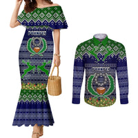 Personalised Pohnpei State Christmas Couples Matching Mermaid Dress and Long Sleeve Button Shirts Coat of Arms Beautiful Merry Xmas Snowflake LT03 Blue - Polynesian Pride