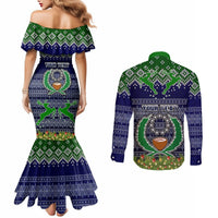 Personalised Pohnpei State Christmas Couples Matching Mermaid Dress and Long Sleeve Button Shirts Coat of Arms Beautiful Merry Xmas Snowflake LT03 - Polynesian Pride