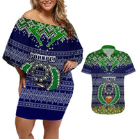 Personalised Pohnpei State Christmas Couples Matching Off Shoulder Short Dress and Hawaiian Shirt Coat of Arms Beautiful Merry Xmas Snowflake LT03 Blue - Polynesian Pride