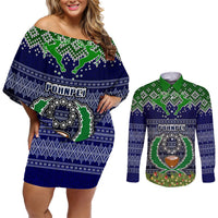 Personalised Pohnpei State Christmas Couples Matching Off Shoulder Short Dress and Long Sleeve Button Shirts Coat of Arms Beautiful Merry Xmas Snowflake LT03 Blue - Polynesian Pride