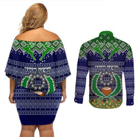 Personalised Pohnpei State Christmas Couples Matching Off Shoulder Short Dress and Long Sleeve Button Shirts Coat of Arms Beautiful Merry Xmas Snowflake LT03 - Polynesian Pride