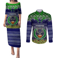 Personalised Pohnpei State Christmas Couples Matching Puletasi Dress and Long Sleeve Button Shirts Coat of Arms Beautiful Merry Xmas Snowflake LT03 Blue - Polynesian Pride
