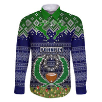 Personalised Pohnpei State Christmas Family Matching Puletasi Dress and Hawaiian Shirt Coat of Arms Beautiful Merry Xmas Snowflake LT03 Dad's Shirt - Long Sleeve Blue - Polynesian Pride