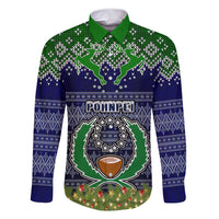 Personalised Pohnpei State Christmas Family Matching Short Sleeve Bodycon Dress and Hawaiian Shirt Coat of Arms Beautiful Merry Xmas Snowflake LT03 Dad's Shirt - Long Sleeve Blue - Polynesian Pride