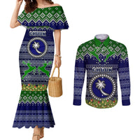Personalised Chuuk State Christmas Couples Matching Mermaid Dress and Long Sleeve Button Shirts Coat of Arms Beautiful Merry Xmas Snowflake LT03 Blue - Polynesian Pride