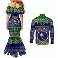 Personalised Chuuk State Christmas Couples Matching Mermaid Dress and Long Sleeve Button Shirts Coat of Arms Beautiful Merry Xmas Snowflake LT03 - Polynesian Pride