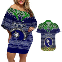 Personalised Chuuk State Christmas Couples Matching Off Shoulder Short Dress and Hawaiian Shirt Coat of Arms Beautiful Merry Xmas Snowflake LT03 Blue - Polynesian Pride