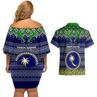 Personalised Chuuk State Christmas Couples Matching Off Shoulder Short Dress and Hawaiian Shirt Coat of Arms Beautiful Merry Xmas Snowflake LT03 - Polynesian Pride