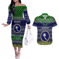 Personalised Chuuk State Christmas Couples Matching Off The Shoulder Long Sleeve Dress and Hawaiian Shirt Coat of Arms Beautiful Merry Xmas Snowflake LT03 Blue - Polynesian Pride