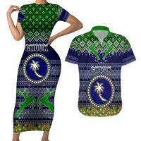 Personalised Chuuk State Christmas Couples Matching Short Sleeve Bodycon Dress and Hawaiian Shirt Coat of Arms Beautiful Merry Xmas Snowflake LT03 Blue - Polynesian Pride