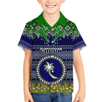 Personalised Chuuk State Christmas Family Matching Short Sleeve Bodycon Dress and Hawaiian Shirt Coat of Arms Beautiful Merry Xmas Snowflake LT03 Son's Shirt Blue - Polynesian Pride