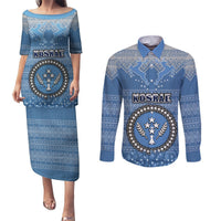 Kosrae Christmas Couples Matching Puletasi Dress and Long Sleeve Button Shirts Coat of Arms Beautiful Merry Xmas Snowflake LT03 Blue - Polynesian Pride