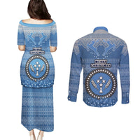 Kosrae Christmas Couples Matching Puletasi Dress and Long Sleeve Button Shirts Coat of Arms Beautiful Merry Xmas Snowflake LT03 - Polynesian Pride