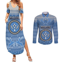 Kosrae Christmas Couples Matching Summer Maxi Dress and Long Sleeve Button Shirts Coat of Arms Beautiful Merry Xmas Snowflake LT03 Blue - Polynesian Pride