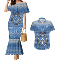 Personalised Kosrae Christmas Couples Matching Mermaid Dress and Hawaiian Shirt Coat of Arms Beautiful Merry Xmas Snowflake LT03 Blue - Polynesian Pride