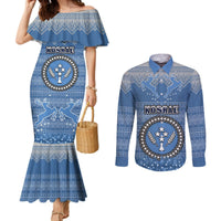 Personalised Kosrae Christmas Couples Matching Mermaid Dress and Long Sleeve Button Shirts Coat of Arms Beautiful Merry Xmas Snowflake LT03 Blue - Polynesian Pride