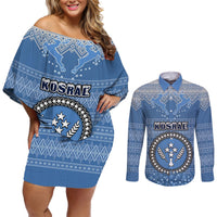 Personalised Kosrae Christmas Couples Matching Off Shoulder Short Dress and Long Sleeve Button Shirts Coat of Arms Beautiful Merry Xmas Snowflake LT03 Blue - Polynesian Pride