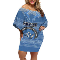 Personalised Kosrae Christmas Off Shoulder Short Dress Coat of Arms Beautiful Merry Xmas Snowflake LT03 Women Blue - Polynesian Pride