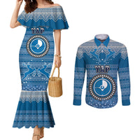 Personalised Yap Christmas Couples Matching Mermaid Dress and Long Sleeve Button Shirts Coat of Arms Beautiful Merry Xmas Snowflake LT03 Blue - Polynesian Pride