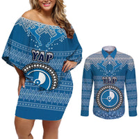 Personalised Yap Christmas Couples Matching Off Shoulder Short Dress and Long Sleeve Button Shirts Coat of Arms Beautiful Merry Xmas Snowflake LT03 Blue - Polynesian Pride