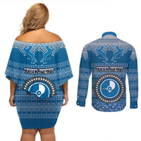 Personalised Yap Christmas Couples Matching Off Shoulder Short Dress and Long Sleeve Button Shirts Coat of Arms Beautiful Merry Xmas Snowflake LT03 - Polynesian Pride