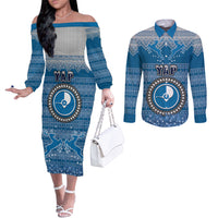 Personalised Yap Christmas Couples Matching Off The Shoulder Long Sleeve Dress and Long Sleeve Button Shirts Coat of Arms Beautiful Merry Xmas Snowflake LT03 Blue - Polynesian Pride