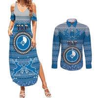 Personalised Yap Christmas Couples Matching Summer Maxi Dress and Long Sleeve Button Shirts Coat of Arms Beautiful Merry Xmas Snowflake LT03 Blue - Polynesian Pride