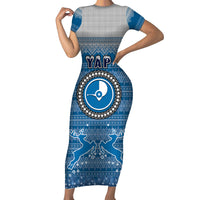 Personalised Yap Christmas Family Matching Short Sleeve Bodycon Dress and Hawaiian Shirt Coat of Arms Beautiful Merry Xmas Snowflake LT03 Mom's Dress Blue - Polynesian Pride