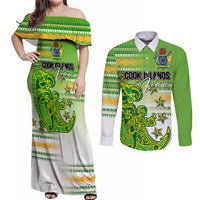 Personalised Cook Islands Va'a Race Couples Matching Off Shoulder Maxi Dress and Long Sleeve Button Shirt Te Tatau Tattoos Sporty Style Green-White Color LT03 Green - Polynesian Pride