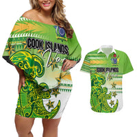 Personalised Cook Islands Va'a Race Couples Matching Off Shoulder Short Dress and Hawaiian Shirt Te Tatau Tattoos Sporty Style Green-White Color LT03 Green - Polynesian Pride