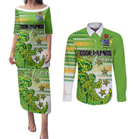 Personalised Cook Islands Va'a Race Couples Matching Puletasi and Long Sleeve Button Shirt Te Tatau Tattoos Sporty Style Green-White Color LT03 Green - Polynesian Pride