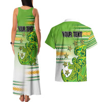Personalised Cook Islands Va'a Race Couples Matching Tank Maxi Dress and Hawaiian Shirt Te Tatau Tattoos Sporty Style Green-White Color LT03 - Polynesian Pride