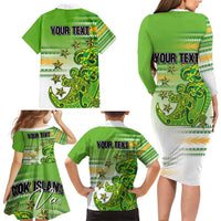 Personalised Cook Islands Va'a Race Family Matching Long Sleeve Bodycon Dress and Hawaiian Shirt Te Tatau Tattoos Sporty Style Green-White Color LT03 - Polynesian Pride