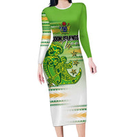 Personalised Cook Islands Va'a Race Family Matching Long Sleeve Bodycon Dress and Hawaiian Shirt Te Tatau Tattoos Sporty Style Green-White Color LT03 Mom's Dress Green - Polynesian Pride