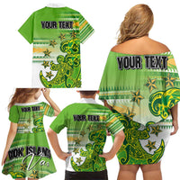 Personalised Cook Islands Va'a Race Family Matching Off Shoulder Short Dress and Hawaiian Shirt Te Tatau Tattoos Sporty Style Green-White Color LT03 - Polynesian Pride