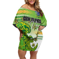 Personalised Cook Islands Va'a Race Family Matching Off Shoulder Short Dress and Hawaiian Shirt Te Tatau Tattoos Sporty Style Green-White Color LT03 Mom's Dress Green - Polynesian Pride