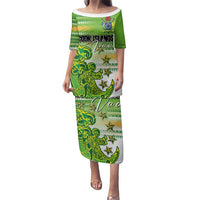 Personalised Cook Islands Va'a Race Family Matching Puletasi and Hawaiian Shirt Te Tatau Tattoos Sporty Style Green-White Color LT03 Mom's Dress Green - Polynesian Pride