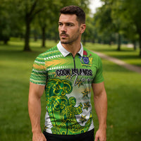 Personalised Cook Islands Va'a Race Zipper Polo Shirt Te Tatau Tattoos Sporty Style Green-White Color LT03 - Polynesian Pride