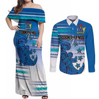 Personalised Cook Islands Va'a Race Couples Matching Off Shoulder Maxi Dress and Long Sleeve Button Shirt Te Tatau Tattoos Sporty Style Light Blue Color LT03 Blue - Polynesian Pride