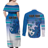 Personalised Cook Islands Va'a Race Couples Matching Off Shoulder Maxi Dress and Long Sleeve Button Shirt Te Tatau Tattoos Sporty Style Light Blue Color LT03 - Polynesian Pride