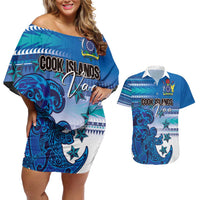 Personalised Cook Islands Va'a Race Couples Matching Off Shoulder Short Dress and Hawaiian Shirt Te Tatau Tattoos Sporty Style Light Blue Color LT03 Blue - Polynesian Pride