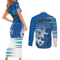 Personalised Cook Islands Va'a Race Couples Matching Short Sleeve Bodycon Dress and Long Sleeve Button Shirt Te Tatau Tattoos Sporty Style Light Blue Color LT03 - Polynesian Pride
