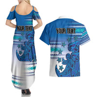 Personalised Cook Islands Va'a Race Couples Matching Summer Maxi Dress and Hawaiian Shirt Te Tatau Tattoos Sporty Style Light Blue Color LT03 - Polynesian Pride
