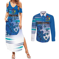 Personalised Cook Islands Va'a Race Couples Matching Summer Maxi Dress and Long Sleeve Button Shirt Te Tatau Tattoos Sporty Style Light Blue Color LT03 Blue - Polynesian Pride