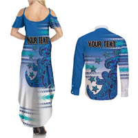 Personalised Cook Islands Va'a Race Couples Matching Summer Maxi Dress and Long Sleeve Button Shirt Te Tatau Tattoos Sporty Style Light Blue Color LT03 - Polynesian Pride